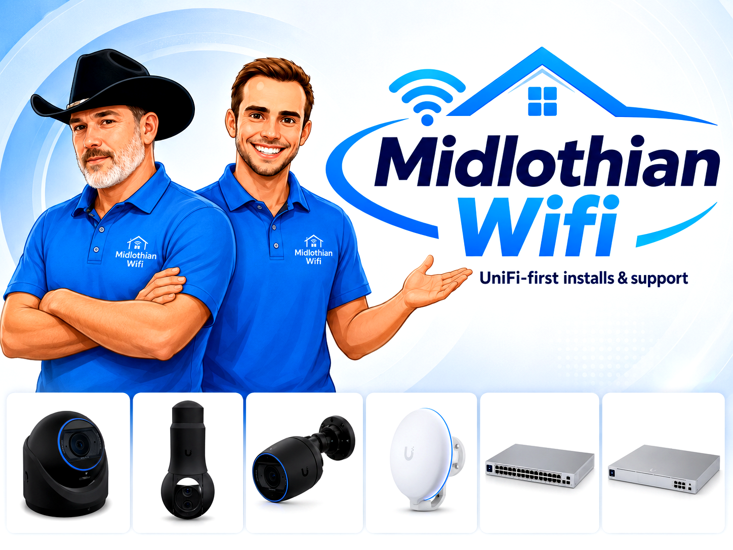 Midlothian Wifi team with cowboy hat owner and UniFi brand artwork